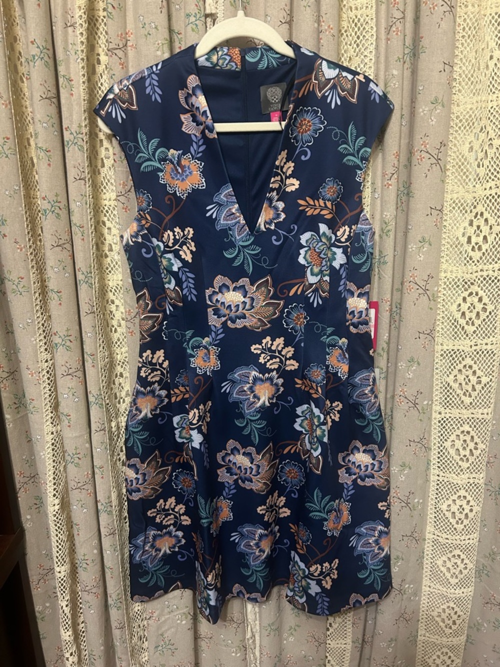 Vince Camuto Floral Fit & Flare Dress Navy Cap Sleeve 10 NWT